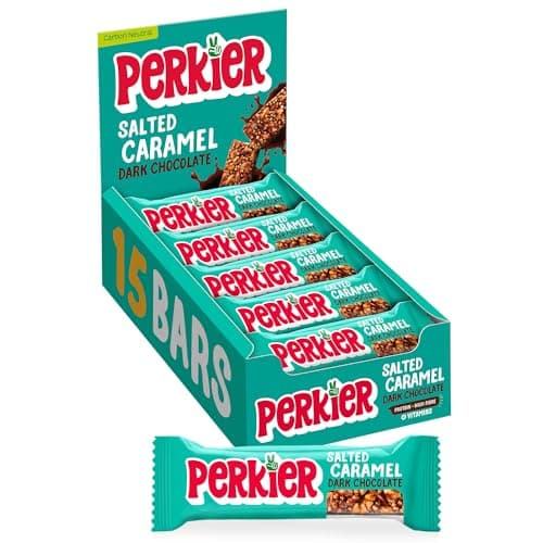 Image of Perkier Salted Caramel & Dark Chocolate, 15 High Fibre Bars, 6 Flavours, Vegan, Gluten Free, Protein, Lower Sugar, Office Snacks, High Fibre Snack, Natural, Lower Calorie, Healthy Nut Bar