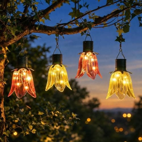 Image of Festive Lights - Set of 4 Solar Tulip Hanging Lanterns – 18.5cm Pink & Yellow Flower Lights, Warm White Firefly LEDs, Outdoor Garden Ornament Tabletop Decoration, IP44 Waterproof