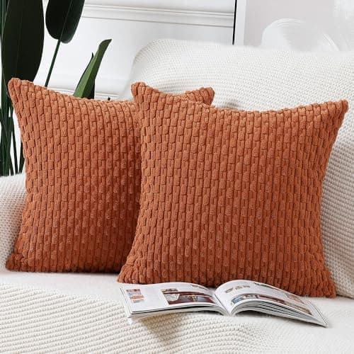 Image of Madizz Pack of 2 Boho Corduroy Cushion Covers 18x18 inch, 45x45 cm, Rust Soft Decorative Throw Pillow Covers for Bedroom Sofa Pillow Shell