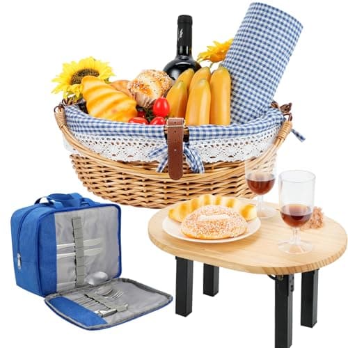 Image of DHAEE Wicker Picnic Basket set for 2 with Detachable Table, Utensil Carry Bag,Waterproof Picnic Blanket,Removable Liner Picnic Essentials for Camping,Beach,Birthydas and Family/Couples Gifts