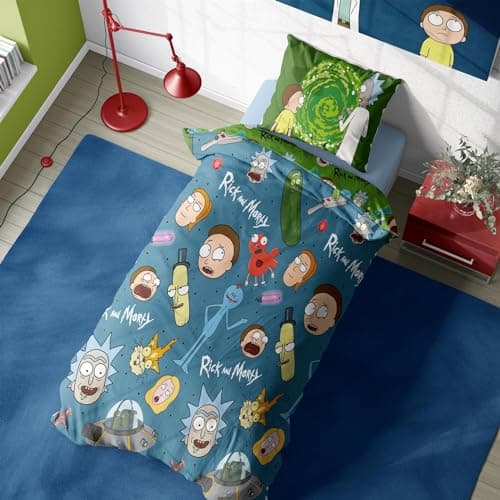 Image of Rick and Morty Duvet Cover - Portals Pickle Rick Design - Official Reversible Bedding Set - Single Duvet Cover and Pillowcase Set