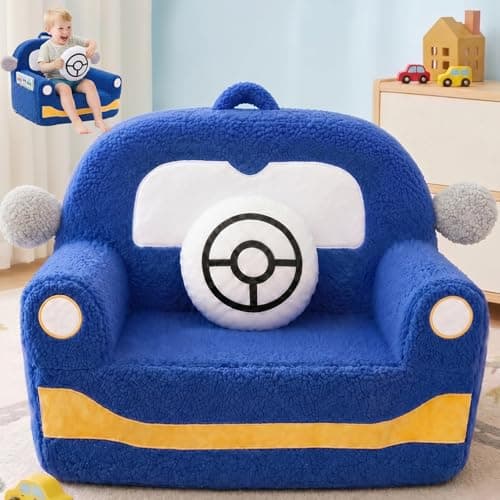 Image of OUOZZZ Toddler Chair for 1-3 Years Old, Blue Car Design Kids Chair, Soft Teddy Plush Toddler Sofa & Armchair, Comfy Foam Baby Sofa for Playroom & Bedroom