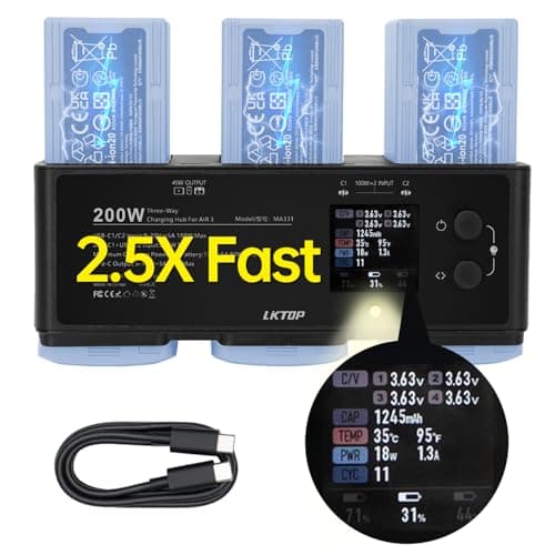 Image of LKTOP 200W Air 3/3S Series Battery Charging Hub for DJI Air 3 Series Drone, Parallel USB-C Battery Charger with Merge & Balance/Fast Charging/Storage/Output/LED/Alarm Mode, LCD Display and APP Control