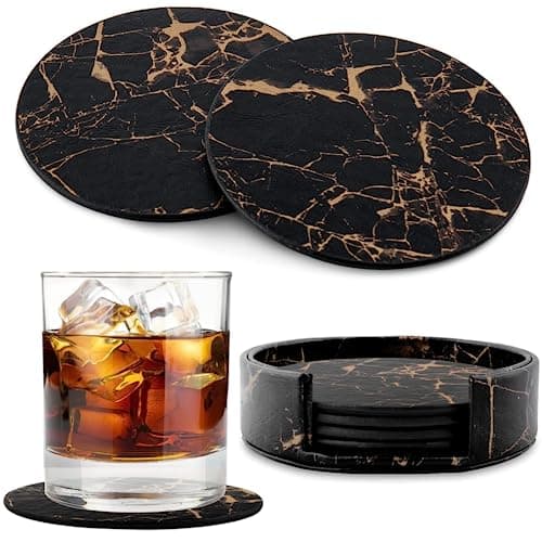 Image of GOWEILE Drink Coasters Set of 6 PU Leather Marble Coaster Drink Coffee Cup Mat Round Tea Pad Table Pad Holder Suitable for Kinds of Mugs and Cups