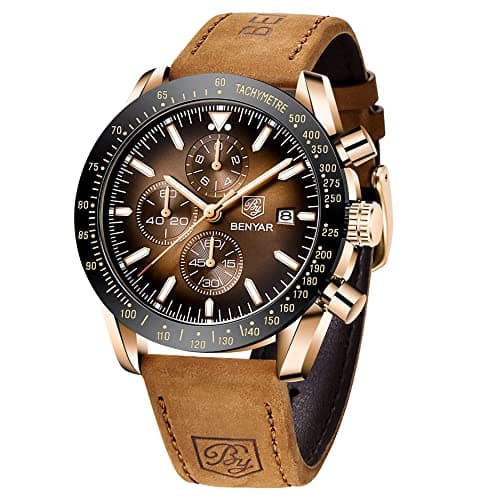 Image of BY BENYAR Mens Watches Analog Quartz Chronograph Waterproof Brown Leather Men's Wrist Watches Business Work Casual Sport Classic Big Face Dress Watch Unique Elegant Gifts for Men