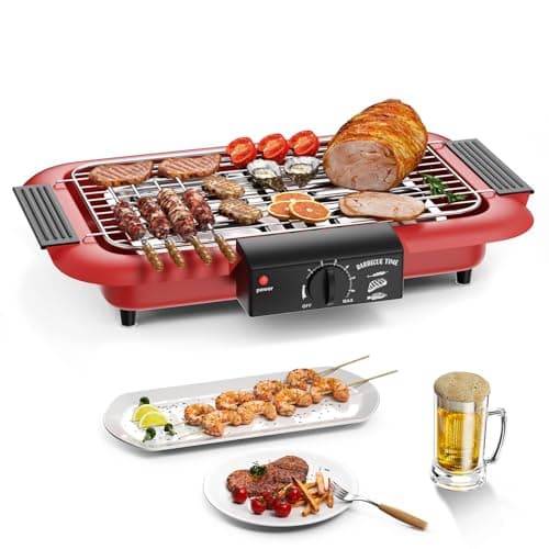 Image of Electric BBQ Grill, Smokeless Non-Stick Indoor/Outdoor Barbecue, 2000W Double tube High Power Portable Removable Stand Grill for BBQ Party (Red A)