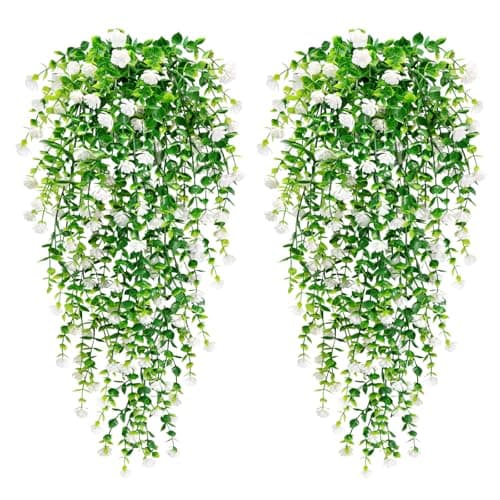 Image of Yueshop 4PCS Artificial Hanging Flowers, UV-Resistant Artificial Hanging Plants Flowers Bouquet Outdoor Indoor Fake Hanging Plant Artificial Flowers for Home Garden Wedding Decor (White)