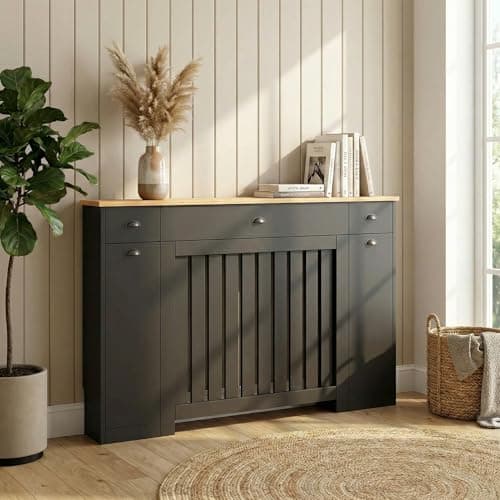 Image of DuraTherm® Linwood Radiator Cover Black Modern Vertical Slat Shelves MDF Storage Cabinet Shelf for Radiators, Living Rooms, Bedrooms (W: 128cm / H: 96cm / D: 19cm)