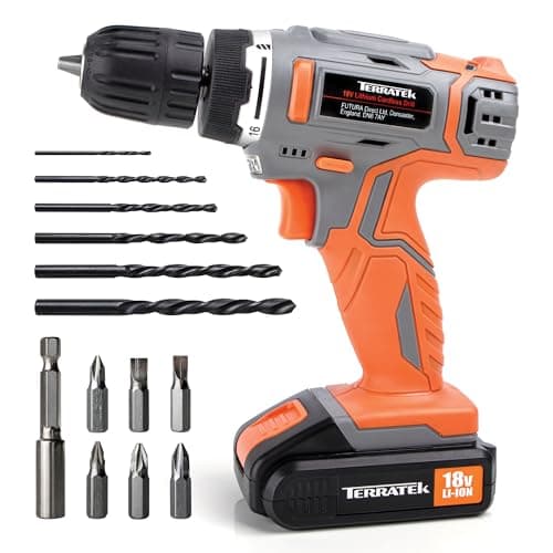 Image of Terratek Cordless Drill Driver 18V Lithium-Ion, 13Pc Electric Screwdriver Set, LED Work Light, Electric Drill Quick Change Power Drill Battery and Charger Included