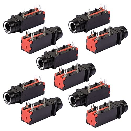 Image of sourcing map 10 Pcs 6.35mm 1/4 Inch 3Pin Mono Jack Panel Mount PCB Connectors, Metal 6.35mm Headphone Socket Audio Stereo Connector, Silver Tone Black