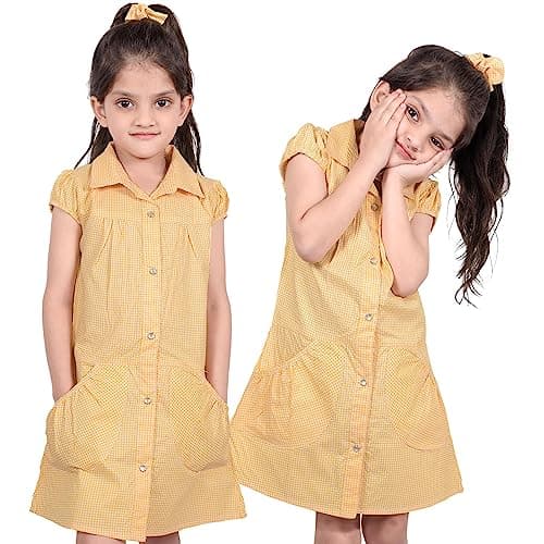 Image of A2Z 4 Kids Girls Dress Pack of 2 School Uniform Pleated Gingham Checked Summer - UF Dress 648 Yellow 2 Pack 12-13