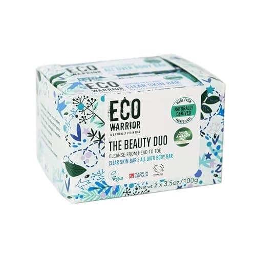 Image of Eco Warrior Beauty Duo Pack Soap Bar - Charcoal Clear Skin Facial & All Over Body Bar | Vegan, Cruelty Free, No SLS or Parabens | Cleansing Charcoal & Moisturising Shea Butter | Gift Pack 100g x 2