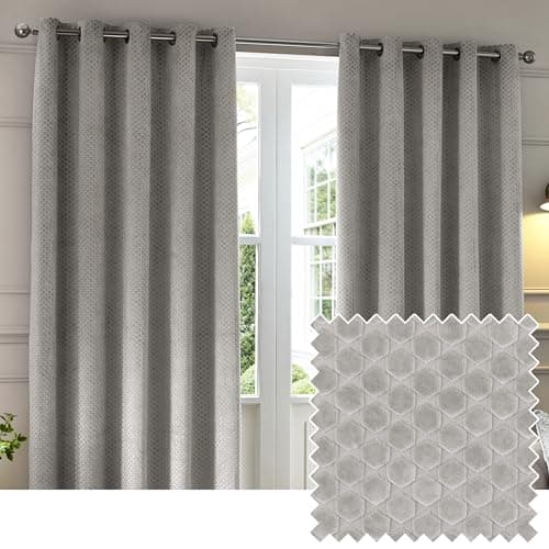 Image of Paoletti Neptune Eyelet Curtain Pair – Lined Room Darkening Luxury Velvet Geometric Curtains (Silver - 117x183cm)