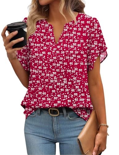 Image of Zeagoo Womens Tops Summer Chiffon Blouse Ruffle Short Sleeve Shirts V Neck Work Blouses Business Casual Mesh Blouse Floral Double Layers Tunic Top B-Red Floral XXL