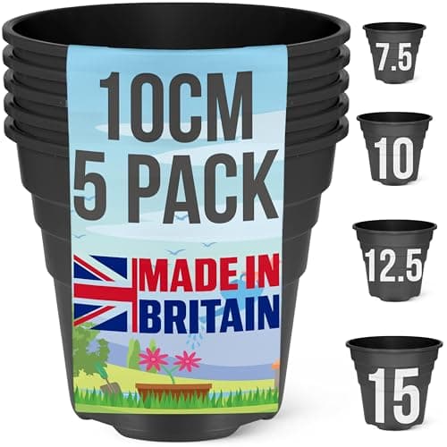Image of Happy Pots - 10cm Gloss Black - Pack of 5 Premium Plastic Plant Pots - Reusable Flower Pots for Indoor/Outdoor Home Décor Gardening - Round, Heavy Duty, UV Resistant, Recyclable - Made in UK