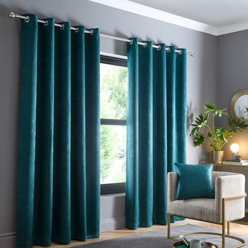 Image of Fusion Strata Forest Green Eyelet Curtains – W90 x L108 (229x275cm) – Thermal Insulated – 2 Panels – Turquoise Lined Drapes – Door Curtains – Bedroom/Living Room Window Treatment – Modern Style