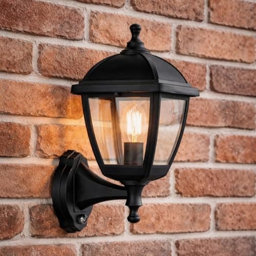 Image of CGC Lighting Outdoor Wall Light Black Lantern Traditional E27 Mains Power Full Weatherproof (Black 1 PIR)