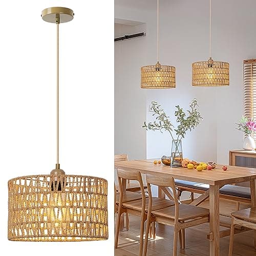 Image of FORCOSO Pendant Lights Rattan, Boho Lamp Hanging Ceiling Light Natural Rattan Lampshade Cord Adjustable 152cm, E27 Vintage Kitchen Light Fitting, Rustic Ceiling Lamp Fixtures Dining Living Room