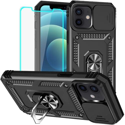 Image of Yiakeng for iPhone 12 Case with Screen Protector: [Military Grade 20ft. Drop Tested] Slide Camera Cover Ring Shockproof Protective Phone Case for - iPhone 12 (Black)
