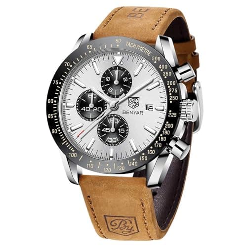 Image of BENYAR Mens Watches Analog Quartz Chronograph Waterproof Brown Leather Men's Wrist Watches Business Work Casual Sport Classic Big Face Dress Watch Unique Elegant Gifts for Men