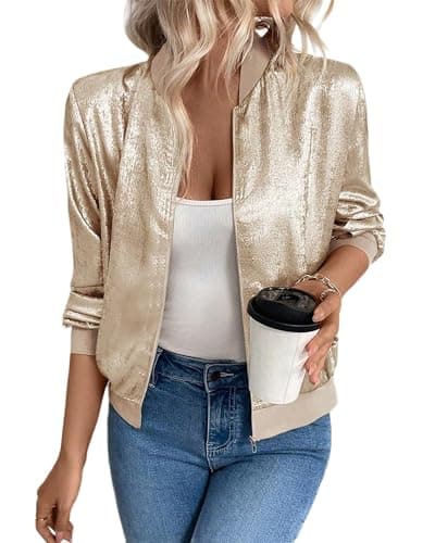 Image of LEBOOBELL Women's Leopard Bomber Jacket Full Zip Coat Lightweight Flight Baseball Jackets Spring Autumn Outerwear Champagne M