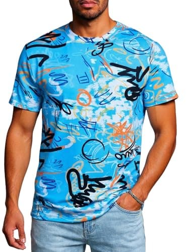 Image of Runcati Men's Short Sleeved T-Shirt Summer Print Graphic Tops Crew Neck Hip Hop Shirt Regular Fit Casual Tee Blue XL