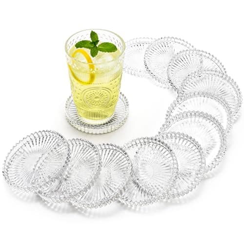 Image of Elsjoy 12 Pack 4 Inch Glass Pillar Candle Holder Plate, Round Clear Glass Candle Tray Ribbed Pillar Candle Coaster, Modern Pillar Candle Dish Small Candle Stand for Wedding, Party, Table Centerpiece
