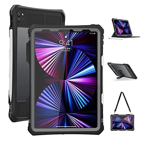 Image of ShellBox Waterproof Case for New iPad Pro 11 Inch 2020 & 2021, Full-Body Heavy Duty Shockproof Protective Cover with Kickstand Built-in Screen Protector Pencil Holder Shoulder Strap (Black)