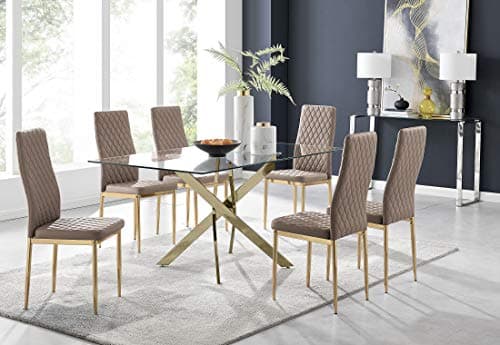 Image of Furniturebox UK Leonardo Clear Rectangular Tempered Glass and Gold Intwined Leg 6 Seater Kitchen Dining Table & 6 Cappuccino Faux Leather Gold Leg Milan Dining Chairs