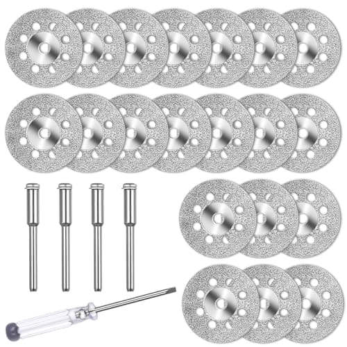 Image of 20Pcs Diamond Cutting Wheels, 22mm Diamond Cutting Discs Disks Cut Off Discs for Dremel Rotary Tools for Gemstones Glass Tiles, with 4Pcs Mandrels Arbor Shafts