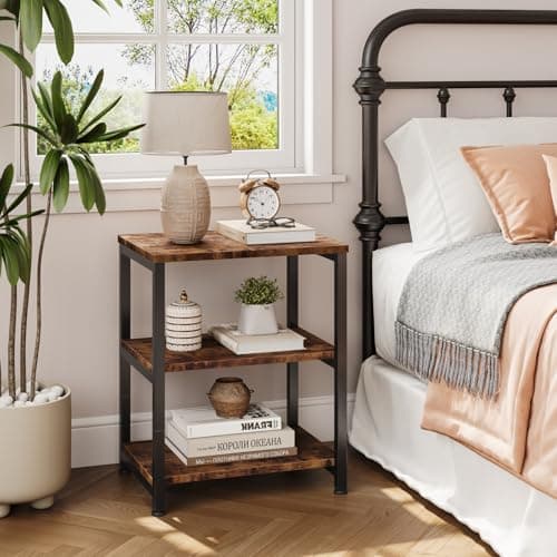 Image of Dripex Rustic Brown Living Room End Table, 3-Tier Wooden Narrow Nightstand, Bedside Table with Steel Frame, Slim Coffee Table Small Spaces, Storage Sofa Side Table for Bedroom or Office