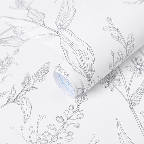 Image of Yomshi Self Adhesive Vinyl Wallpaper White Grey Peel and Stick Wallpaper Removable 44×300cm Flower Leaf Textured Thicken Sticky Back Plastic for Living Room Bedroom Furniture