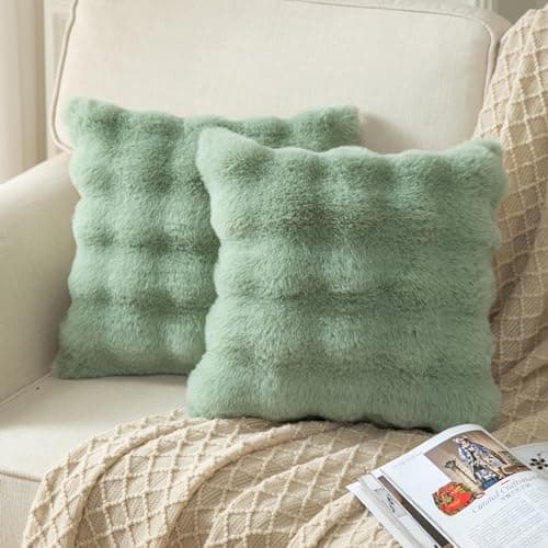 Image of YAERTUN Pack of 2 Sage Green Cushion Covers 16x16 Inch 40x40 cm Thick Soft wool Decorative Throw Pillow covers Pillowcase Faux Fur Plush fluffy for Sofa Couch Bedroom