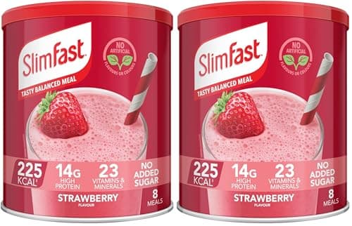 Image of SlimFast Meal Replacement Shake for Weight Loss & Balanced Diet, Vitamins and Minerals, Low Calorie, High Protein, Strawberry Flavour, 8 servings, 292 g, Packaging May Vary (Pack of 2)