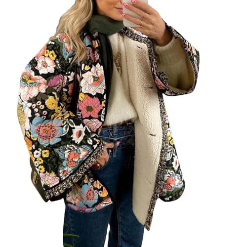 Image of PDYLZWZY Women's Cropped Puffer Quilted Jacket Lightweight Floral Print Short Padded Coat Open Front Cardigan Outwear (Black, M)