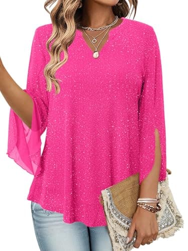 Image of KISSMODA Womens Ruffle 3/4 Sleeve V Neck Tunic Tops Double Layers Mesh Blouses Dressy Trendy Shirts