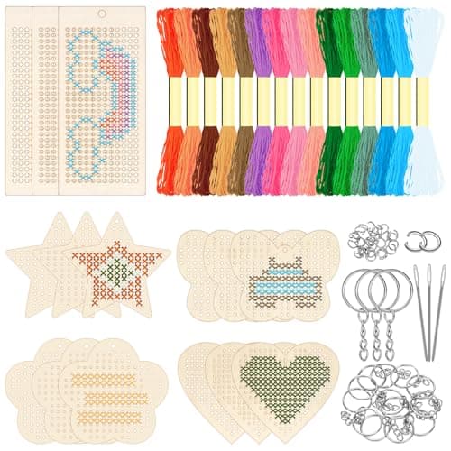 Image of GLARKS 78pcs Butterfly Flower Love Star Rectangle Wooden Cross Stitch Kit, Wood Cross Stitching Keyrings, Craft Cross Stitch Wood Kit, Wooden Threading Kits for Decoration Supplies Art Craft