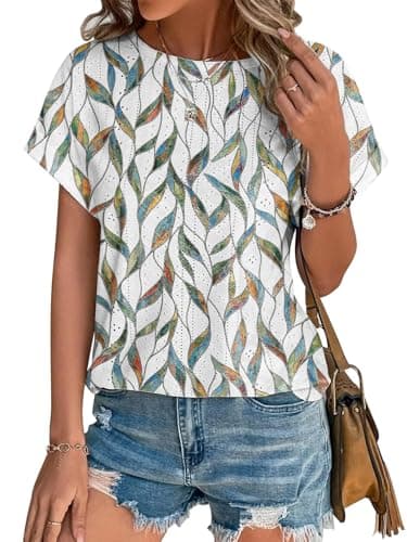 Image of Cuptacc T Shirts for Women UK Ladies Tops Elegant Blouses Short Sleeve Crew Neck WhiteLeaves XXL 50-52