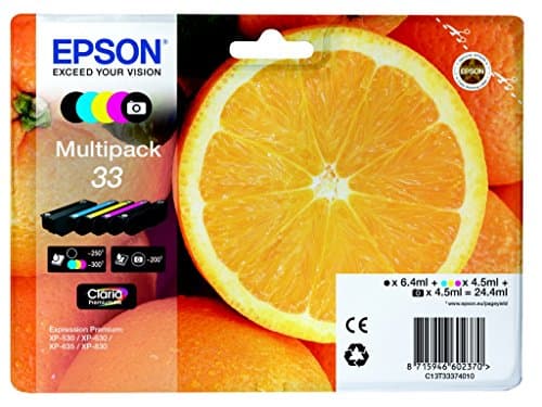 Image of Epson Ink Cartridges, Claria" Premium Ink, 33, Oranges, Multipack, 1 x 6.4 ml Black, 1 x 4.5 ml Yellow, 1 x 4.5 ml Photo Black, 1 x 4.5 ml Cyan, 1 x 4.5 ml Magenta, Standard, RF+AM