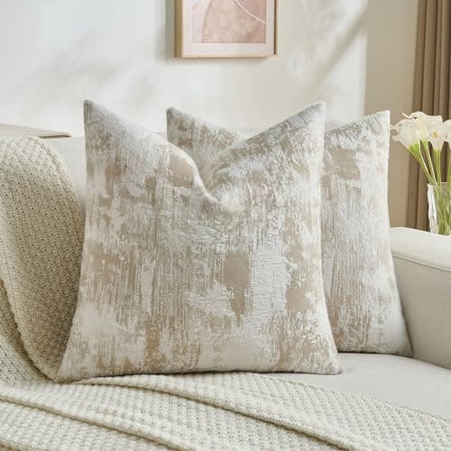 Image of FUTEI Set of 2 Faux Cashmere Jacquard 45cm x 45cm Cushion Covers Vintage Soft Marble Pattern Scatter Pillow Covers 45 x 45 cm Farmhouse Accent Cushions for Sofa Bedroom Living Room, Khaki White