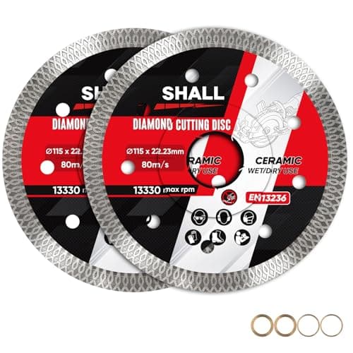 Image of SHALL 115 mm (4.5") Diamond Cutting Discs, Super Thin X-Mesh Turbo for Angle Grinder, Porcelain & Ceramic, 22.23 mm Bore with 16 mm & 20 mm Reduction Rings, Wet & Dry Use, 2-Pack