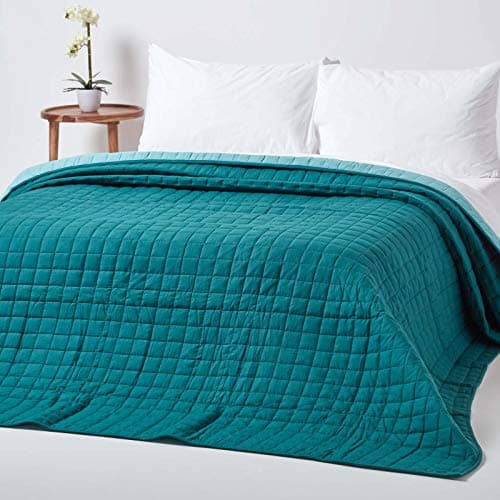 Image of HOMESCAPES - 100% Cotton Reversible Twin Colour Quilted Bedspread Throw - Teal Green & Blue - Double 200 x 200 cm - Washable Bedding Sofa Throw