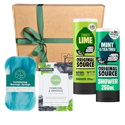Image of Men’s Christmas Shower Gift Set – Original Source Zingy Lime & Tee Tree & Mint Shower Gels, Hydrating Face Mask, Shower Sponge – Refreshing Festive Grooming Gift for Him