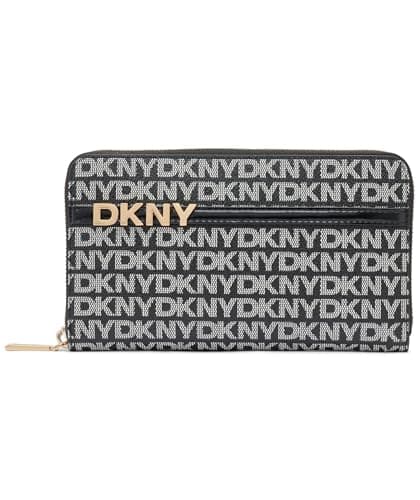 Image of DKNY Women Avril Zip Around Wallet Billfold, Black and Black Logo, Large