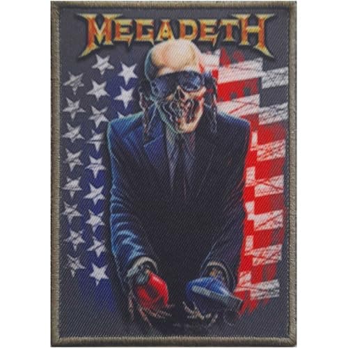 Image of Megadeth Grenade USA Iron On Patch - Vic Rattlehead Logo, Polyester Woven, Black, 100mm x 50mm