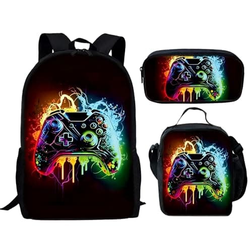 Image of Gaming Backpack for Boys, Waterproof Lightweight 3-Piece School Bag Set with Lunch Bag & Pencil Case, Large Capacity School Bag for Kids 6-14 Years, Perfect for Elementary (game006, Black)
