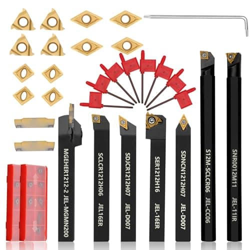Image of Indexable Lathe Turning Tool 21Pcs Kit 1/2'' 12mm Shank 7 Pcs Metal Lathe Tool Holder Set with 14 Pcs Turning Inserts for Turning Grooving Threading Boring Carbide Inserts Carbide Turning Tool