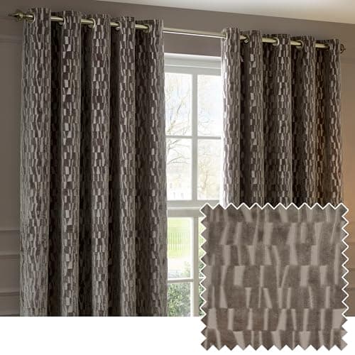 Image of Paoletti Manhattan Room Darkening Eyelet Curtain Pair – Elegant Velvet Geometric Textured Lined Ring Top Drapes (Mink - 168x137cm)