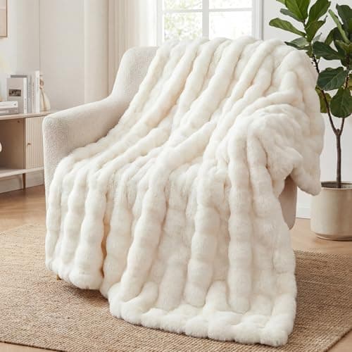 Image of SHANNA Soft Warm Rabbit Plush Fleece Blankets Thick 1000 GSM Throws for Sofa Large Fluffy Versatile Blanket Bed Throw for Bedroom, Couch, Travel, Kids, Camping (White, 160 * 200cm)