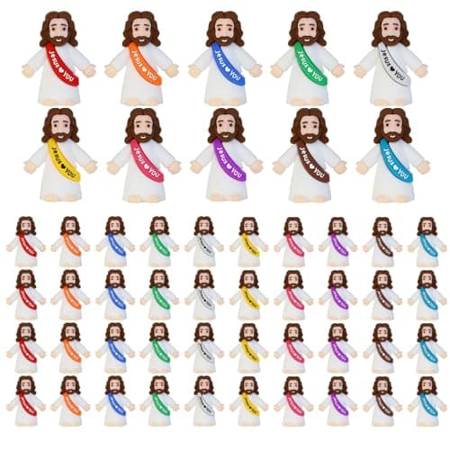 Image of Aonuily Mini Jesus Figure, 50Pcs Little Jesus Figures, Rubber Religious Tiny Jesus Toys Cute Miniature Easter Figurines Decor Doll for Baptism, Church Events, Hide-and-Seek, Easter Egg Gifts